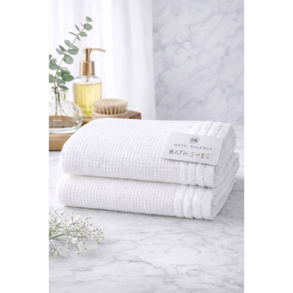 Hotel Balfour Luxury White Waffle Weave 100%‎ Cotton 2 Bath Sheets  30" X 68"